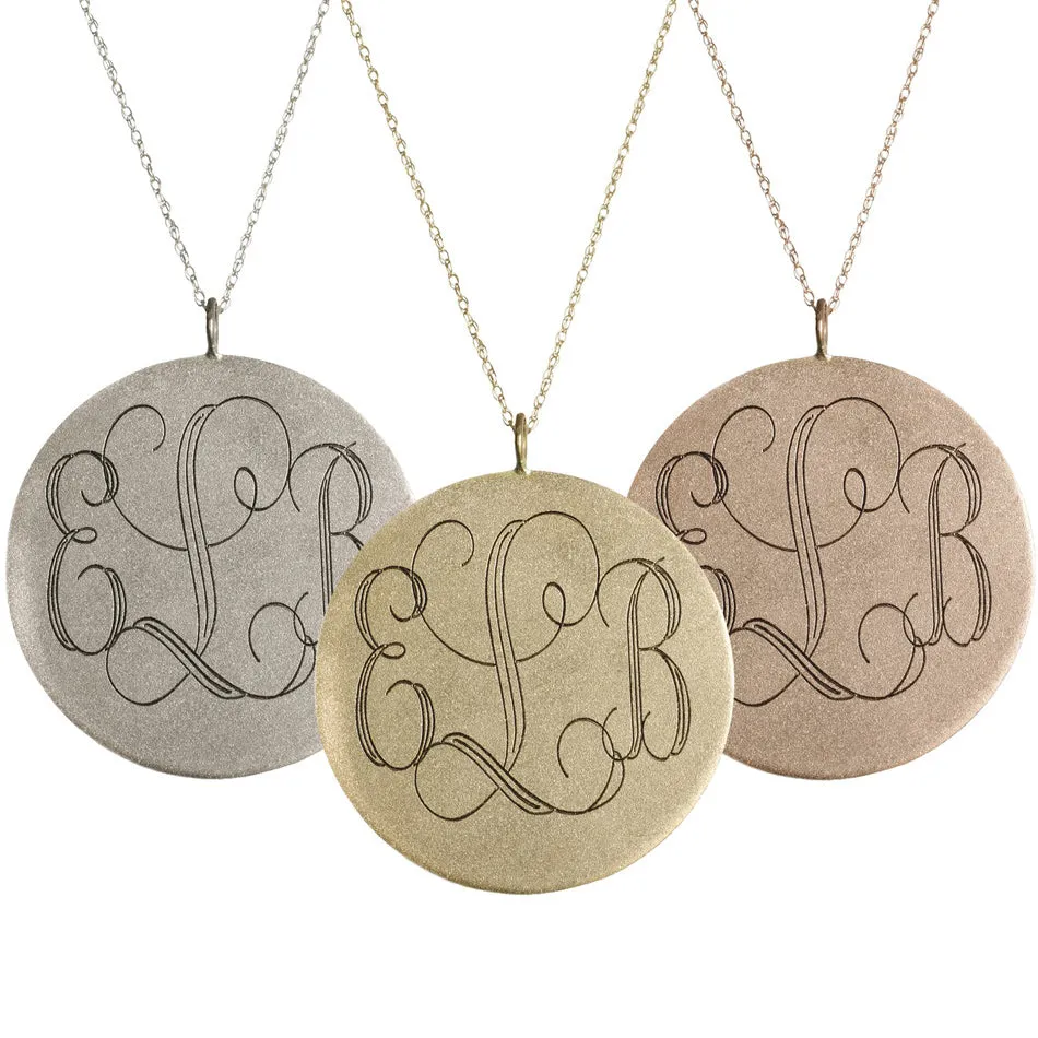 14K Gold Antiqued Engraved Disc Necklace - 31mm