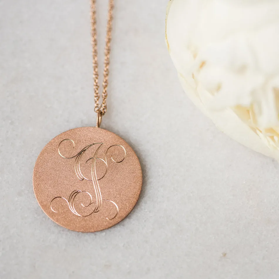 14K Gold Antiqued Engraved Disc Necklace - 31mm