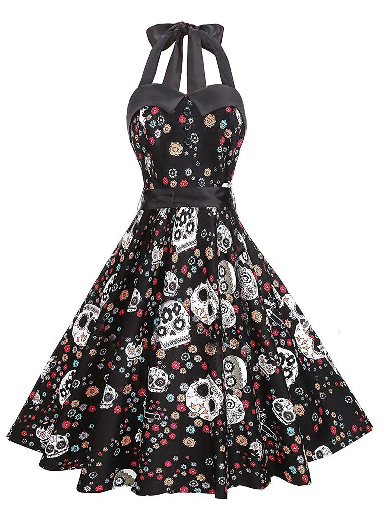 1950S Halloween Skull Printed Halter Vintage Dress