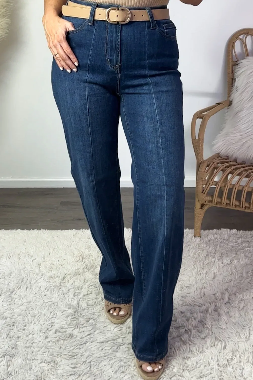 Judy Blue Joy Front Seam Wide Leg Jeans : Dark Blue