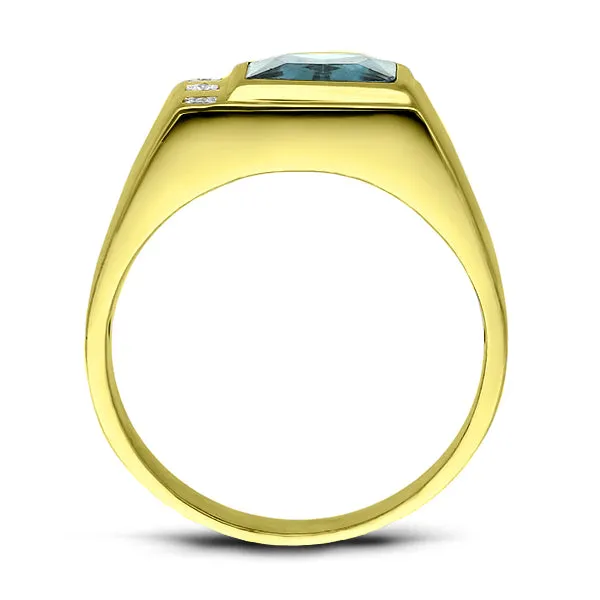 Solid 10K Gold Blue Topaz Mens Ring 0.06ct Natural Diamonds Fine Ring for Man